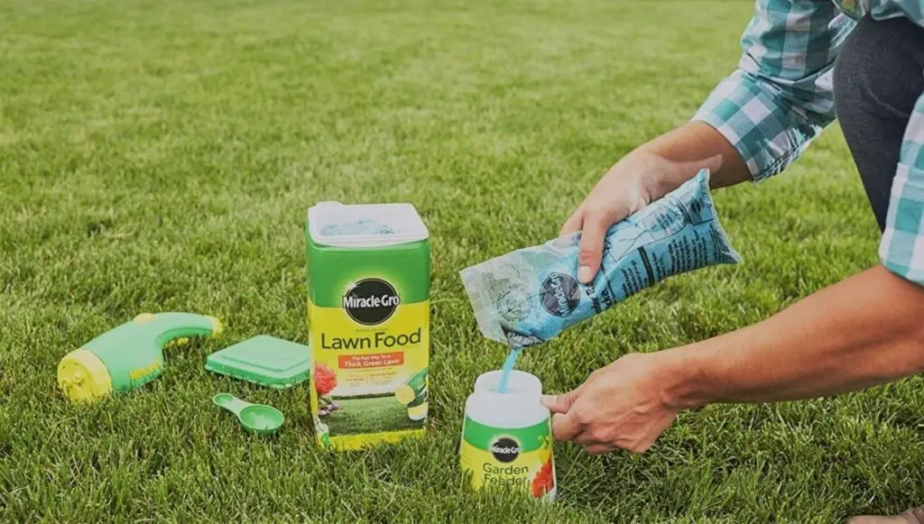 Person pouring Miracle-Gro lawn food into a cup | Fertilizer st augustine grass 